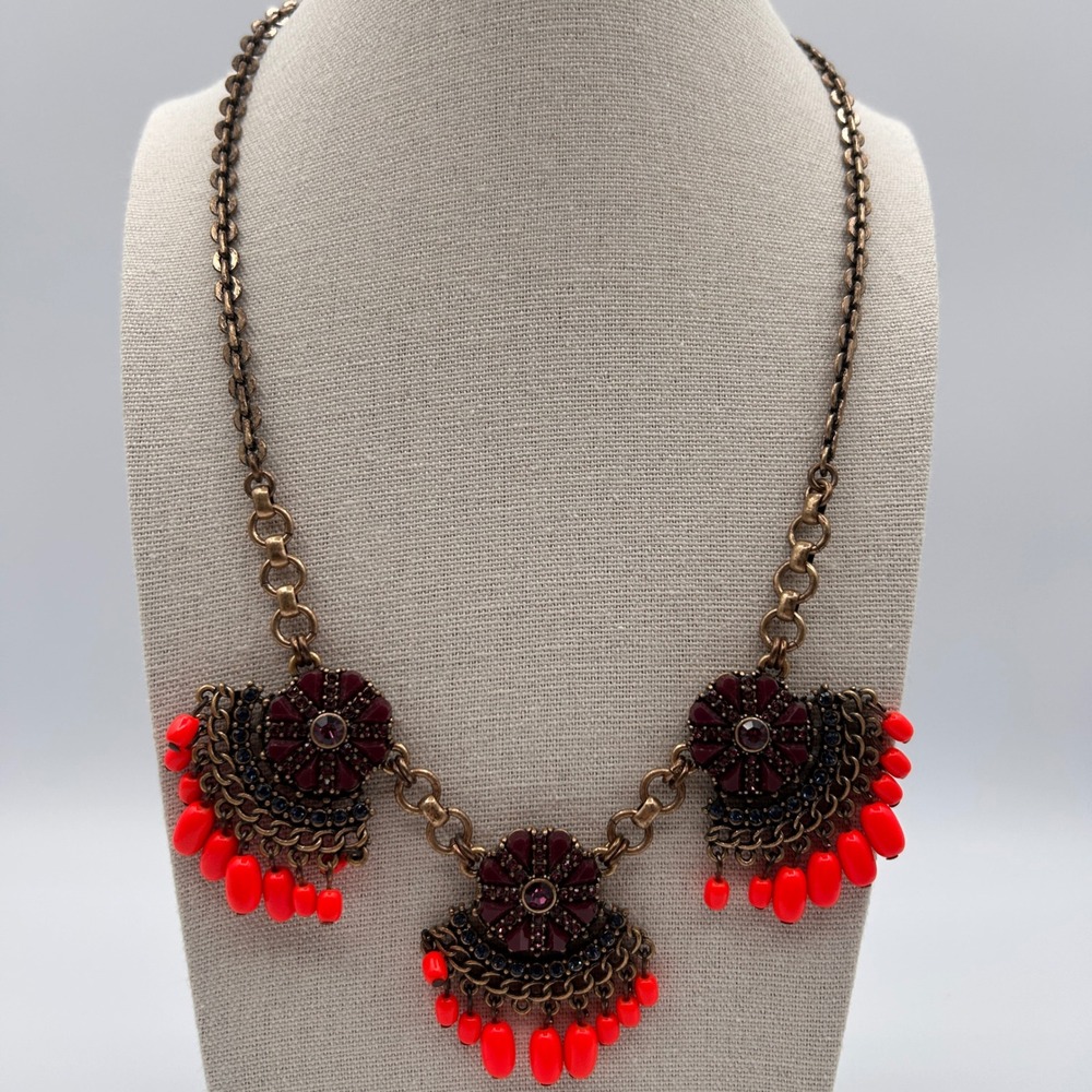 J Crew Bronze Statement Necklace Orange Red Beads Burgundy Floral Medallions